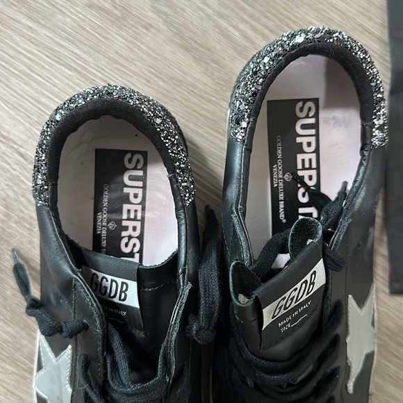 GOLDEN GOOSE SNEAKERS SUPERSTAR BLACK SILVER GLITTER HEEL SIZE 38 - Picture 8 of 13